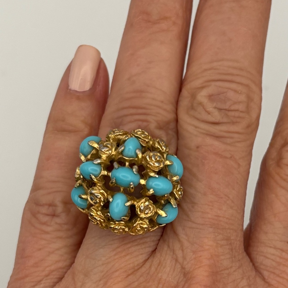 Gold Tone Turquoise Floral Cluster Statement Ring Vintage Style
